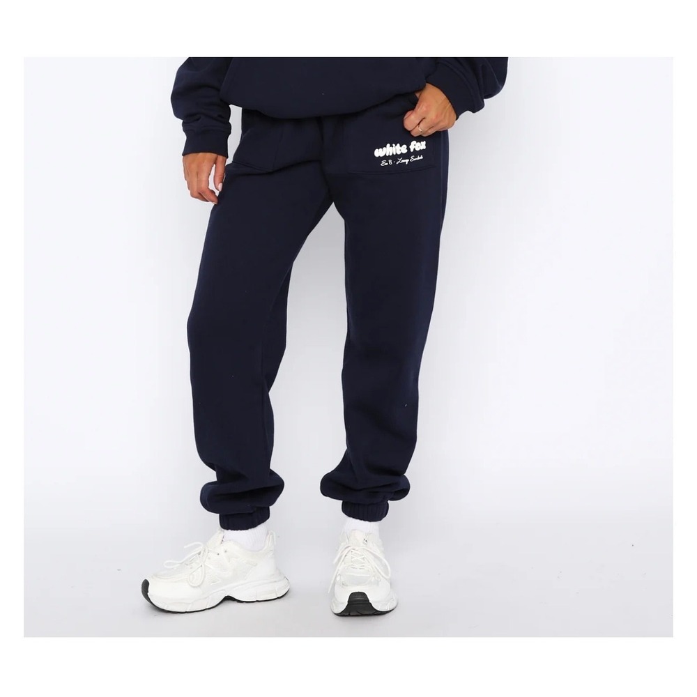 White Fox Boutique Era 8 Lounge Essentials Sweatpants Navy Blue Logo Joggers L